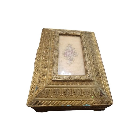 Antique Dore Bronze Footed Decorative Box with Needle Point Center (A2000) - Picture 10 of 12